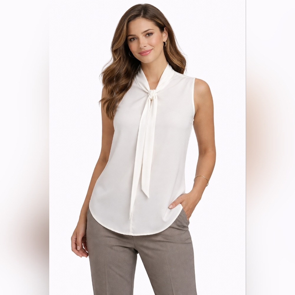 Tahari ASL NWT Sleeveless Bow Neck Blouse – Size M – Ivory – Retail $69